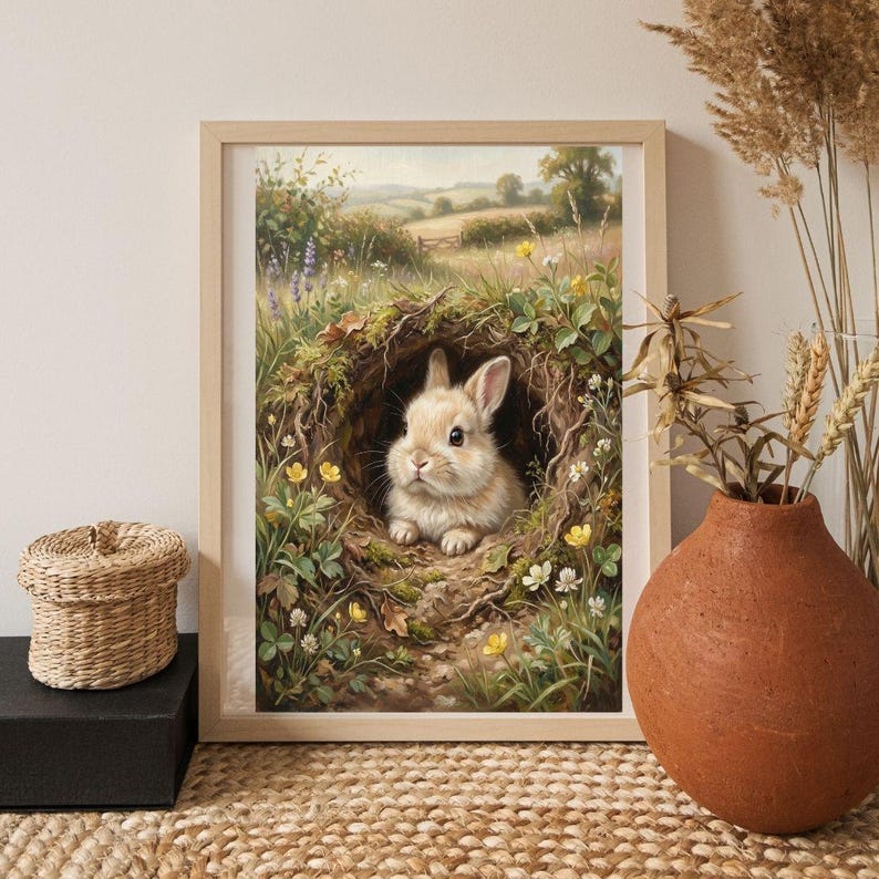 Vintage Easter Bunny in Burrow Wall Art: Rabbit Nature Decor, Digital ...