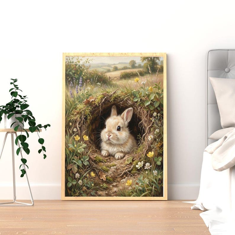 Vintage Easter Bunny in Burrow Wall Art: Rabbit Nature Decor, Digital ...