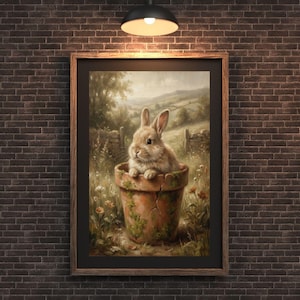 May include: A framed print of a bunny rabbit sitting in a terracotta flower pot. The artwork has a vintage style, with a soft color palette of greens, browns, and beige. The background shows a rural landscape with rolling hills and a fence.