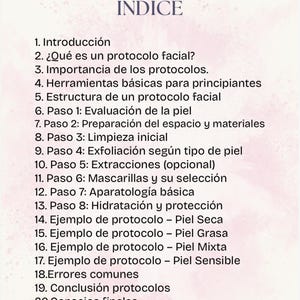 Puede incluir: Una página de documento digital con el título "ÍNDICE" y una lista numerada de temas de protocolo facial. La página incluye texto en español, con un fondo rosa y blanco. El documento es de Dinmar.