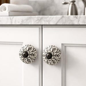 Handmade Ceramic Spade Knobs Set of 6 | Black White Boho Dresser Drawer Pulls