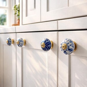 Set of 10 Blue and White Ceramic Cabinet Knobs Assorted Vintage Boho Drawer Pulls
