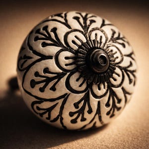 Set of 6 Black White Ceramic Floral Cabinet Knobs, Vintage Boho Drawer Pulls