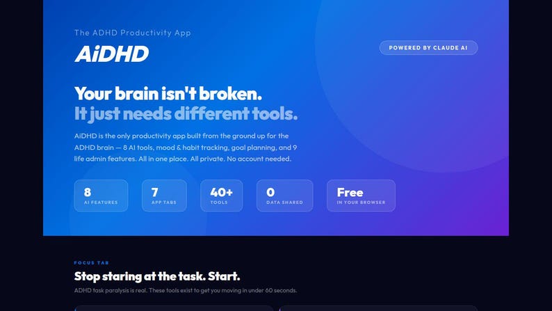 AiDHD AI Planner – ADHD-uppgiftshanterare, vanespårare, målsättare och humörspårare (webbapp) bild 1