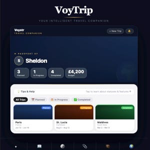 Może przedstawiać: Interfejs aplikacji mobilnej dla VoyTrip, towarzysza podróży. Aplikacja wyświetla paszport użytkownika, szczegóły podróży i budżet. Interfejs zawiera opcje dla trasy AI, dziennika podróży i listy pakowania. Schemat kolorów aplikacji to granatowy i biały.