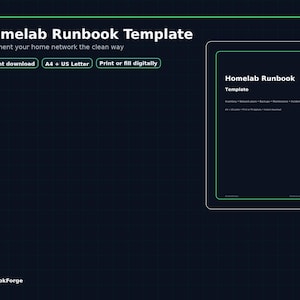 以下が含まれることがあります： 暗い青色の背景に「Homelab Runbook」というタイトルのデジタルテンプレート。 「Document your home network the clean way」というテキストが、3つの緑色のボタンの上にあります。「Instant download」、「A4 + US Letter」、「Print or fill digitally」。 右側にはデジタルドキュメントがあります。