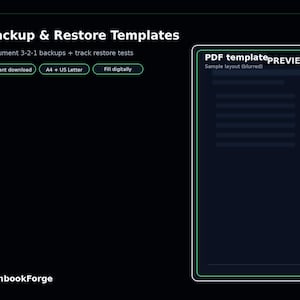 以下が含まれることがあります： 「Backup & Restore Templates」のテキストが入った暗い背景。インスタントダウンロード、A4 + US Letter、デジタル入力のオプションが含まれています。「Sample layout (blurred)」のテキストが表示されたPDFテンプレートプレビュー。RunbookForgeのロゴが下部にあります。