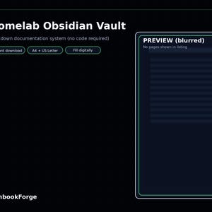 Puede incluir: Anuncio de producto digital sobre un fondo negro. El texto dice "Homelab Obsidian Vault" y lo describe como un sistema de documentación markdown. El texto adicional incluye "Descarga instantánea", "A4 + US Letter" y "Rellenar digitalmente". Se muestra una vista previa borrosa.