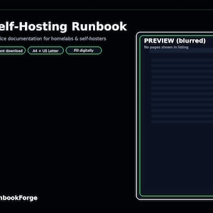 Könnte beinhalten: Werbung für ein Self-Hosting-Runbook mit dem Titel "Self-Hosting Runbook" und dem Text "Service-Dokumentation für Homelabs & Self-Hosters". Es bietet Optionen für Sofort-Download, A4 + US Letter und digitales Ausfüllen. Eine verschwommene Vorschau des Runbooks wird angezeigt.