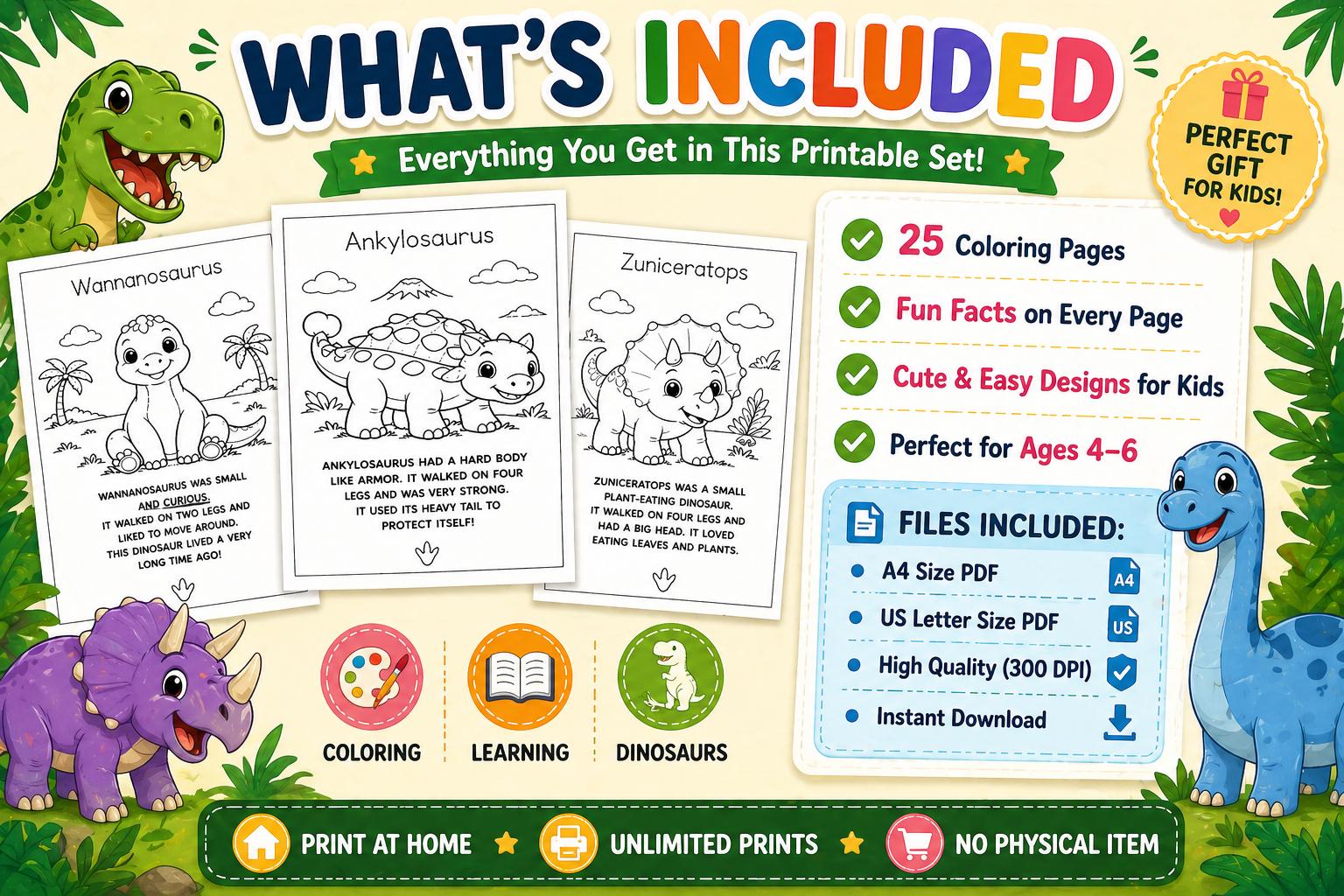 Dinosaur Coloring Book for Kids Ages 4-6, Fun Facts Printable PDF - Etsy