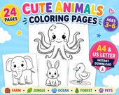 Animal Coloring Pages Printable, 24 Page Toddler Coloring Book, Kids Activity PDF, Farm- Pet-Jungle-Forest-Ocean, Ages 3-6
