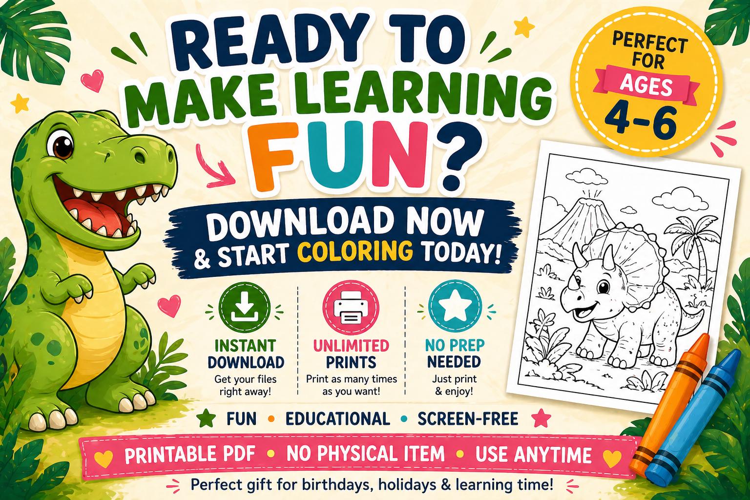 Dinosaur Coloring Book for Kids Ages 4-6, Fun Facts Printable PDF - Etsy