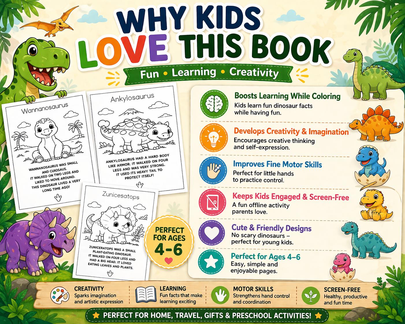 Dinosaur Coloring Book for Kids Ages 4-6, Fun Facts Printable PDF - Etsy