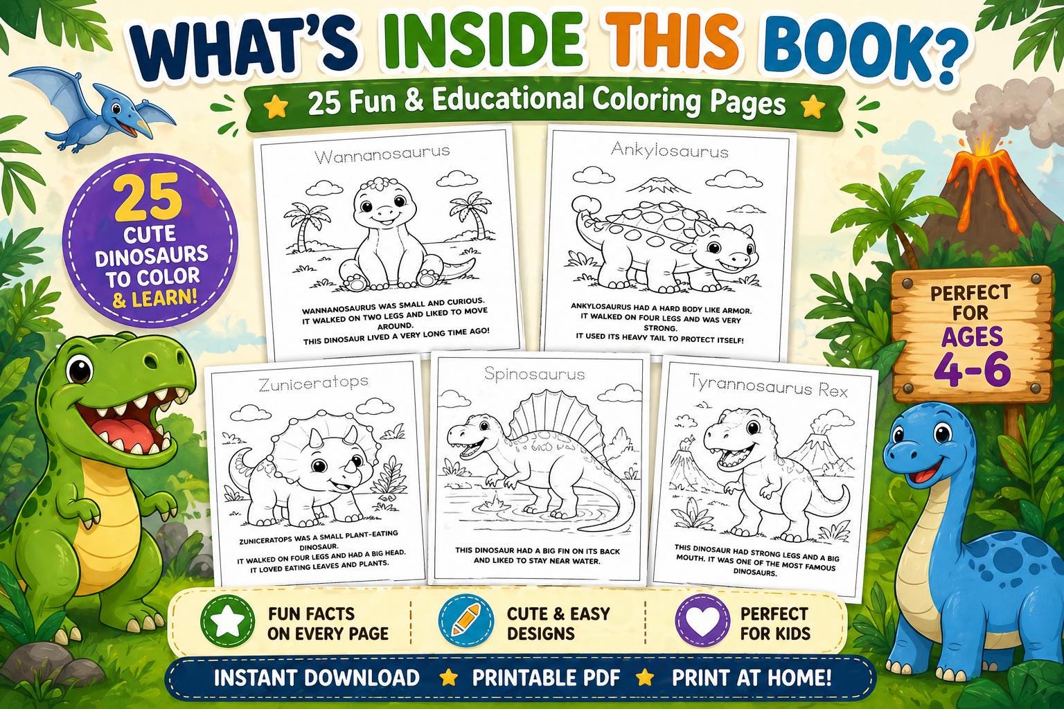 Dinosaur Coloring Book for Kids Ages 4-6, Fun Facts Printable PDF - Etsy
