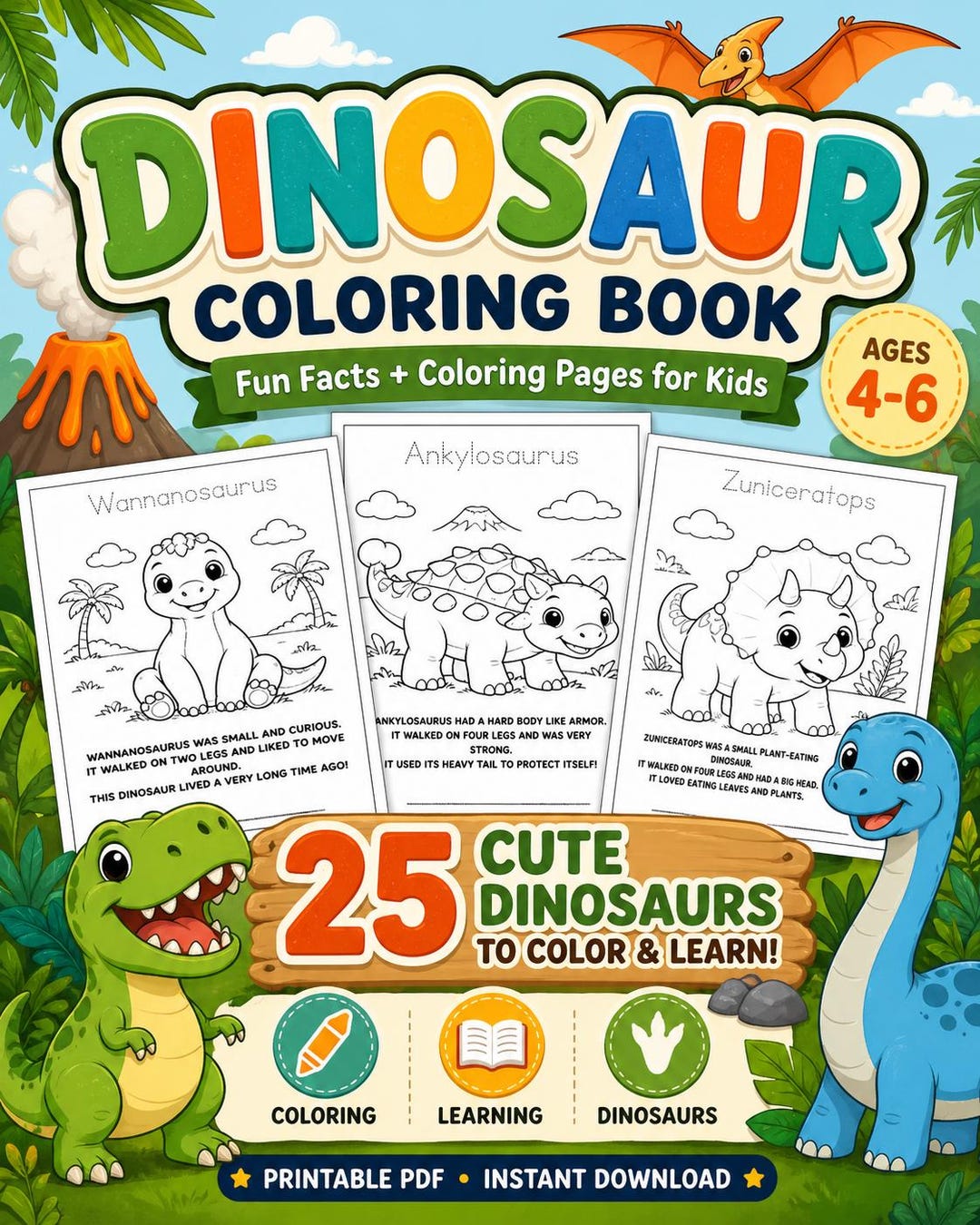 Dinosaur Coloring Book for Kids Ages 4-6, Fun Facts Printable PDF - Etsy