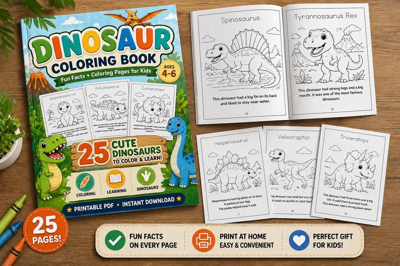 Dinosaur Coloring Book for Kids Ages 4-6, Fun Facts Printable PDF - Etsy