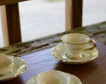 MOTHER Vintage Set of Porcelain Demitasse Teacup Saucers and Bowls Marked KAHLA Germany Gold Trim