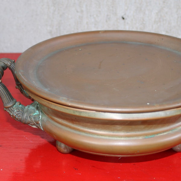 Stunning Vintage Copper CHAFING DISH Ornate Handles  Late 1800s Marked JO Double on the bottom Country Kitchen Serving Warming Display