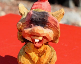 Hand Carved Folk Art GNOME complete with Red Hat Collectible Display 1960s 70s   Garden Art E