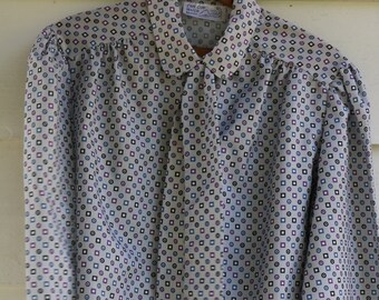 70s Large White /& Navy Blue DAISY Print BLUSE by Cape Cod Match Mates USA Long Sleeved e