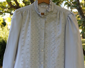 70s Gray High Collar Button Down BLOUSE L Large Embroidered Ruffle Princess Long Sleeved   E