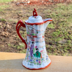 Stunning Piece of Asian Porcelain Art in the form of Teapot Water Pitcher Hand Painted Marked on the Bottom 1940s 50s