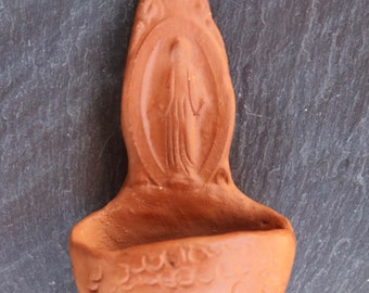70s Terra Cotta Handcrafted HOLY WATER FONT Hanging Holy Mary Catholic Christian