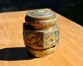 Vintage Chinese Brass Jar with Stunning Symbols Flowers and Butterflies Stamped and Enhanced with Enamel Home Decor Art Storage 1960s