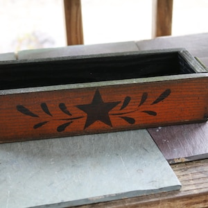 90s Wooden Box with Black Star Garland Primitive Folk Art for Storage or Planter