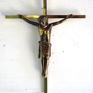 60s BRASS CRUCIFIX Hanging 10&quot; Tall marked GERMANY Cross