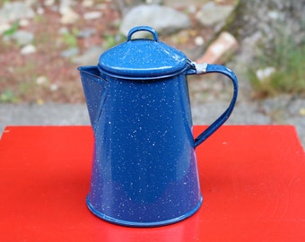 Vintage Blue Speckled ENAMEL WARE  Coffeepot with Lid  Country Kitchen Home Decor  Cottage Chic to Camping