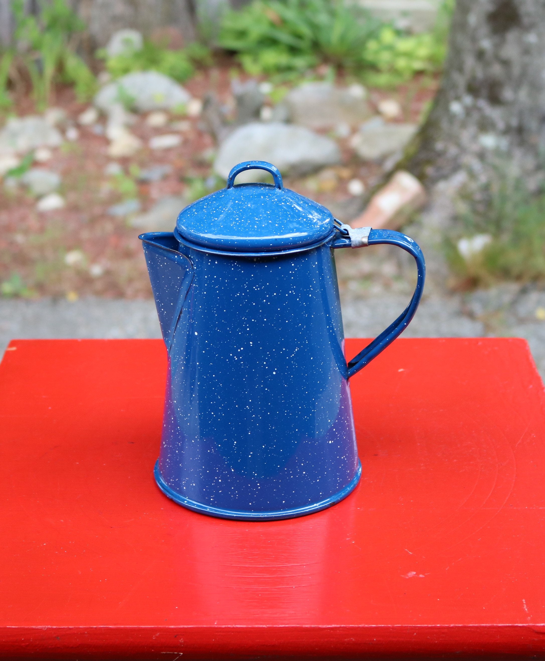 Vintage Cobalt Blue White Enamel Graniteware Camp Coffee Pot Percolator,  Rustic, Farmhouse, Camping, Kitchen, Interior Parts, Enamelware 