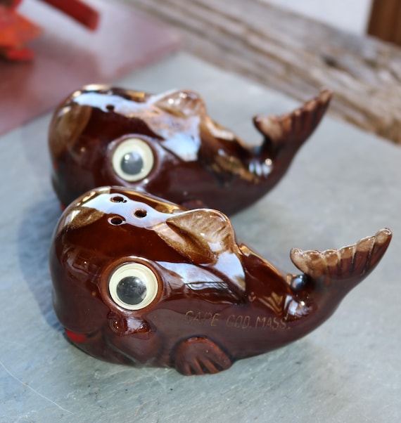 60s WHALE CAPE COD Salt & Pepper Shakers Pottery With Googly Eyes