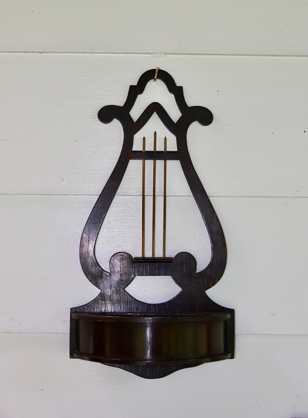 Vintage Stringed Musical Note Harp Back Wooden Wall Decor Shelf Dates