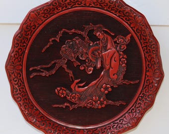 70s The Sense of TOUCH The Five Perceptions of Weo Cho Cinnabar Lacquer PLATE Collectible by CCS Inc