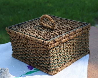 40s Woven Natural and Green Wicker SQUARE BOX Basket Storage