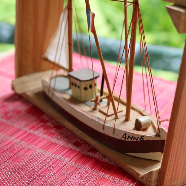 70s Hand Crafted Miniature Boat in a Crate French Flag Sail named ANNE