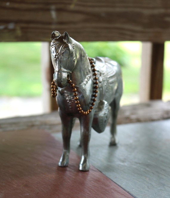 50s 60s Pot Metal SILVER HORSE FIGURINE Toy With Copper Chain Rein