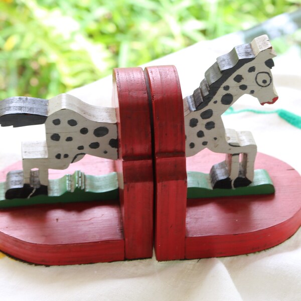 60s Whimisical SPOTTED PONY BOOKENDS Hand Crafted Wooden Horse