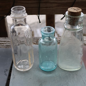 Three VINTAGE BOTTLES Blue Green Clear 40s to 60s Heavy Thick Cork