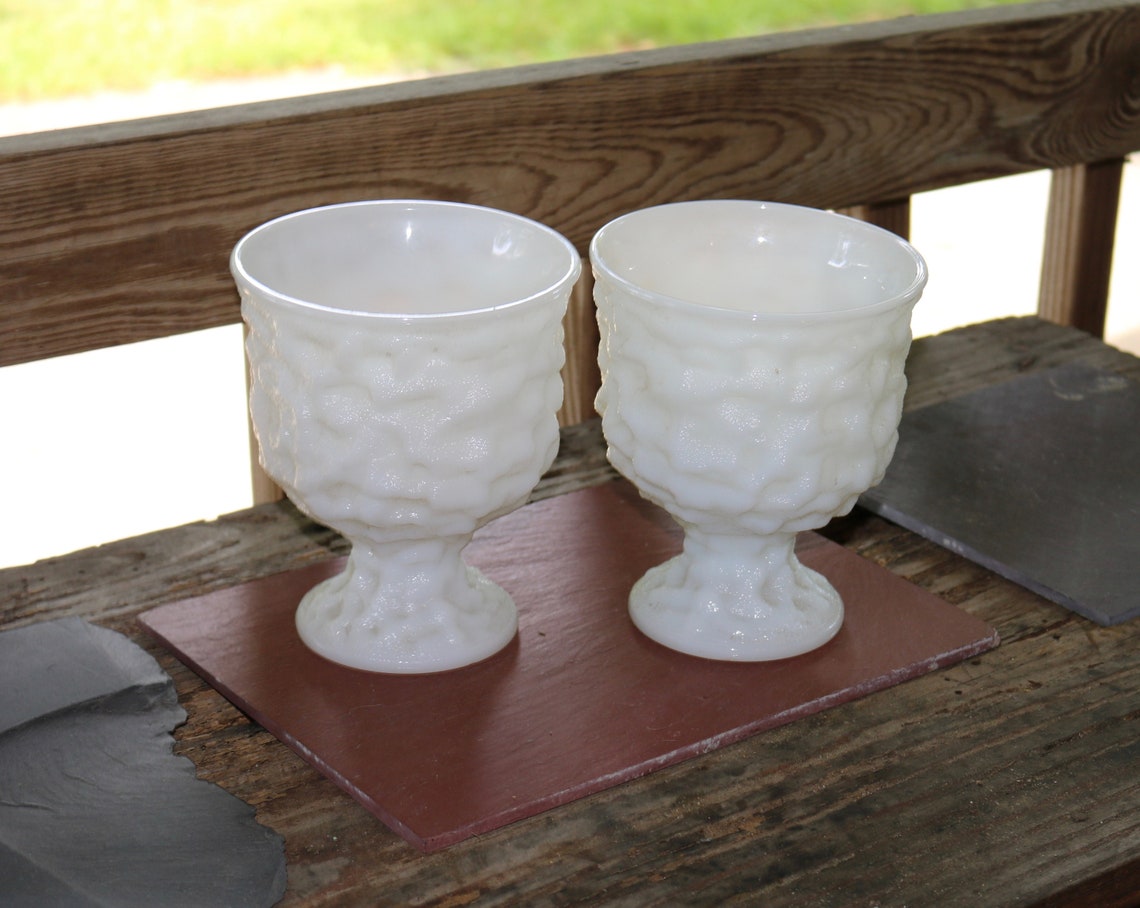 Set of CRINKLE Milk Glass Pedestal Vases Candy Dish Fruit Bowl Etsy
