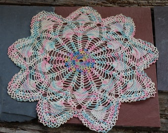 40s Hand Crocheted Doily Variegated Pastel Pink Blue 4 Patterns 13"