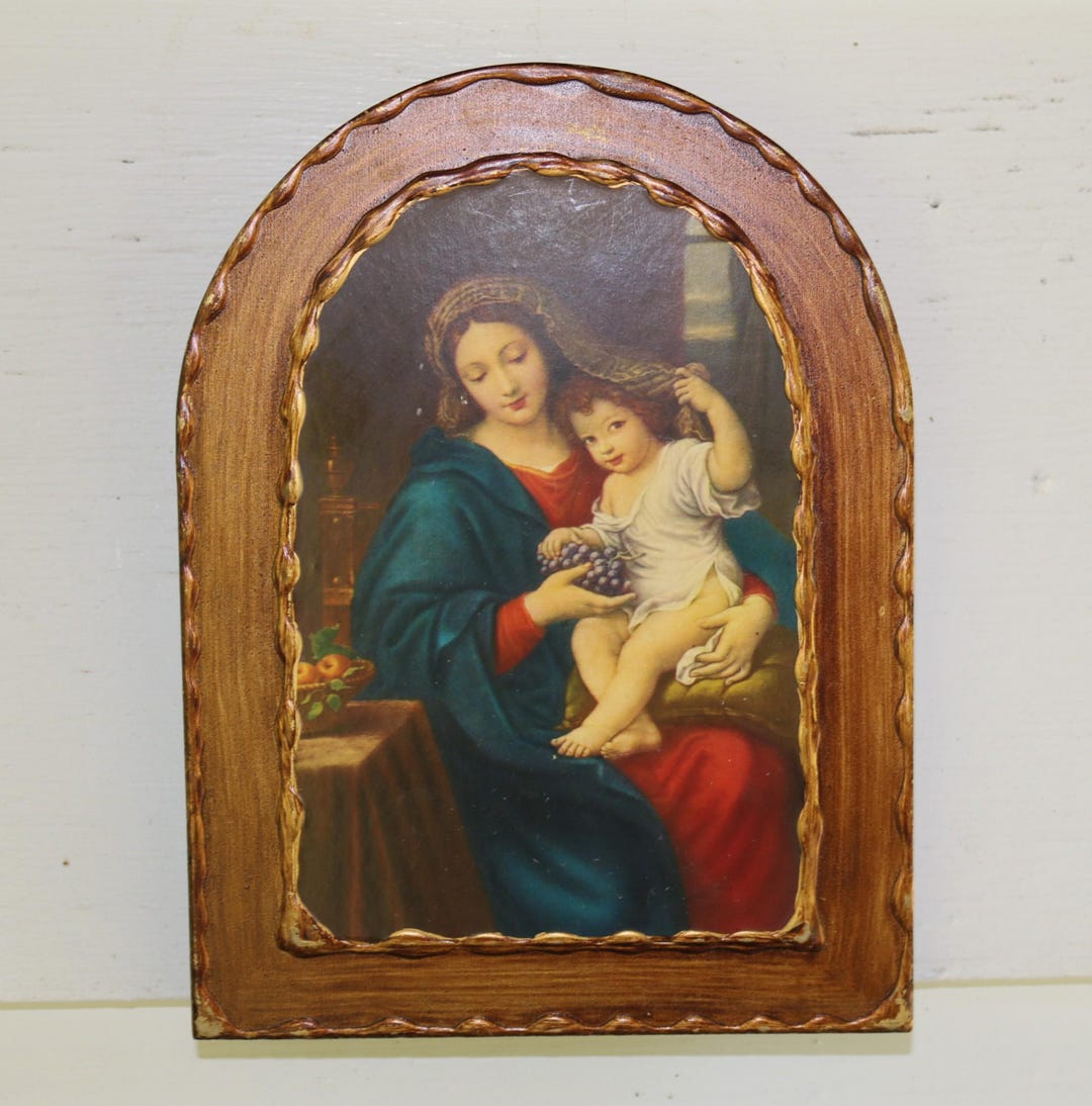 1970's Wooden Plaque of Menard's Madonna of the Grapes Reproduction of ...
