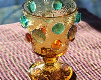 60s 70s Bedazzled Amber Goblet Pressed Glass Pebble Texture Fused Glass