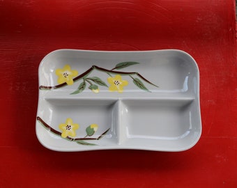 Vintage Ceramic Tray with Yellow Flowers in a Grey Background Marked on the back but I can not read it. Looks Asian