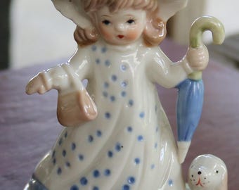 70s Porcelain Figurine Young Girl With Her Dog Blue & White S - Etsy