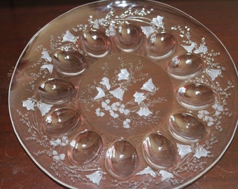 80s Crystal Etched Clover Bluebell Ivy DEVILED EGG TRAY Platter 13"