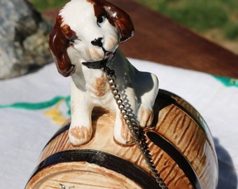 50s Ceramic BEWARE OF DOG Bank Brown and White Dog Chained to Barrel Japan