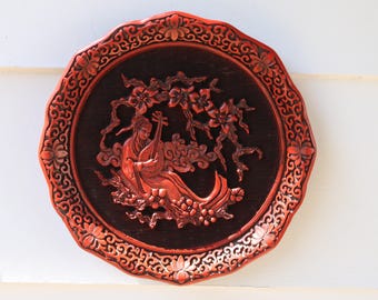 70s The Sense of HEARING The Five Perceptions of Weo Cho Cinnabar Lacquer PLATE Collectible by CCS Inc