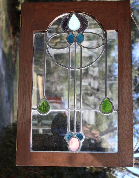 Vintage Leaded Stained Glass Door Blue Green Purple Red Yellow Oak Frame With Brass Hardware Repurpose Display Home Decor 1960s
